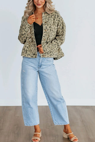 Retro Leopard Print Button Denim Jacket