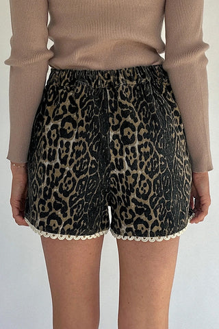 Leopard Contrast Trim Denim Shorts