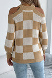 Open-Shoulder Checkered Sweater