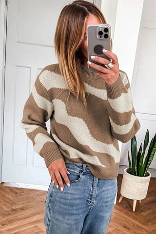 Abstract Print Ribbed Trim Mock Neck Sweater
