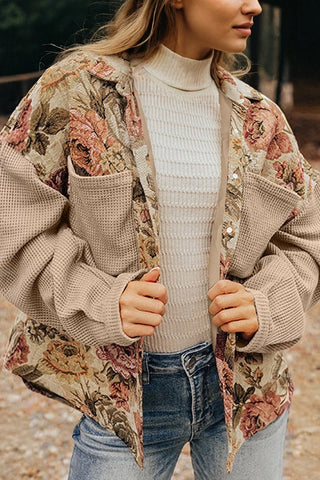 Floral Waffle Knit Patchwork Buttoned Jacket