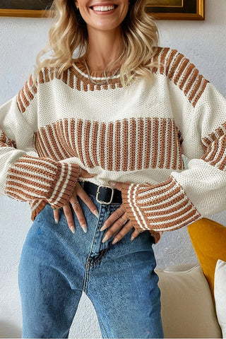 Two-Tone Striped Patchwork Drop Shoulder Sweater