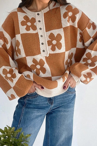Floral Plaid Henley Sweater