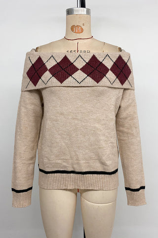 Off-Shoulder Argyle Knit Sweater