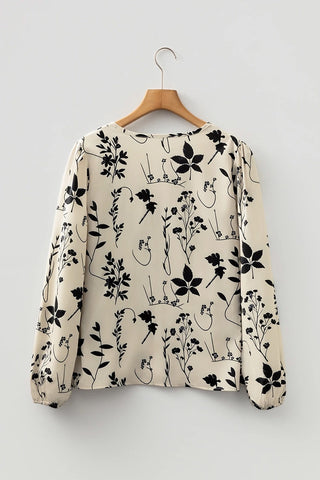 Floral Print Split Neck Long Sleeve Blouse