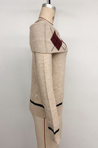 Off-Shoulder Argyle Knit Sweater