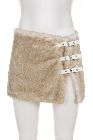 Faux Fur Mini Skirt with Buckle Details