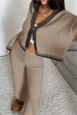Stylish Cropped Knit Cardigan and Pants Set