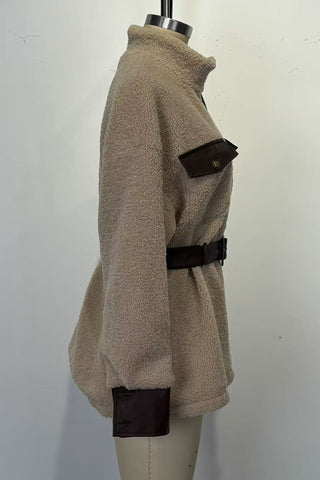 Belted Sherpa Jacket with Leather Accents