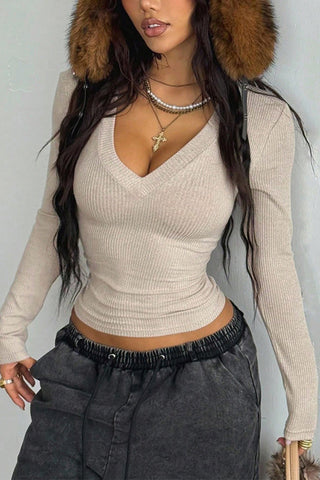 V-Neck Long Sleeve Ribbed Top