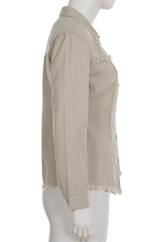 Frayed Hem Button-Front Denim Jacket