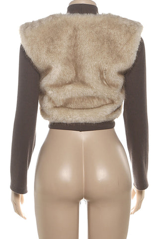 Plush Panel Ribbed Sleeve Cropped Jacket