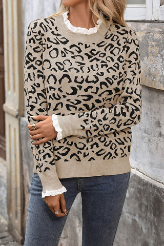 Leopard Print Sweater with Ruffled Cuffs