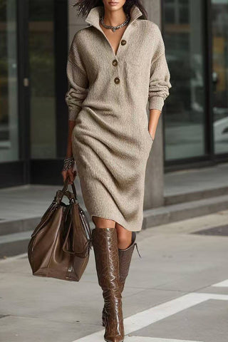 Button-Accent Knit Casual Dress
