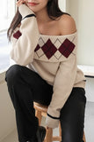 Off-Shoulder Argyle Knit Sweater