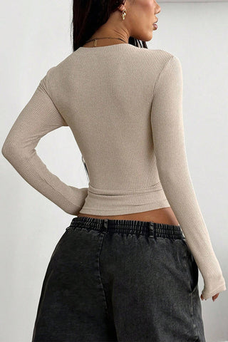 V-Neck Long Sleeve Ribbed Top