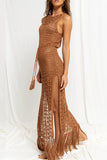 Sleeveless Crochet Dress with Fringe Hem