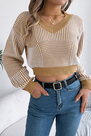 V-Neck Striped Knit Sweater