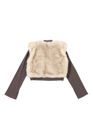 Plush Panel Ribbed Sleeve Cropped Jacket