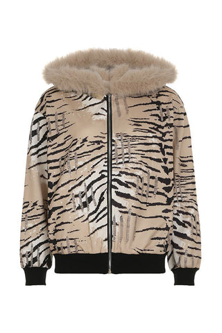 Faux Fur Trim Patterned Jacket