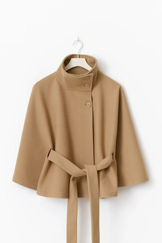 Belted Funnel Neck Cape Jacket