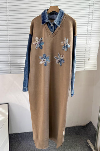 Floral Appliqué Denim Shirt Dress