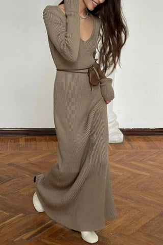 V-Neck Ribbed Knit Maxi Dress