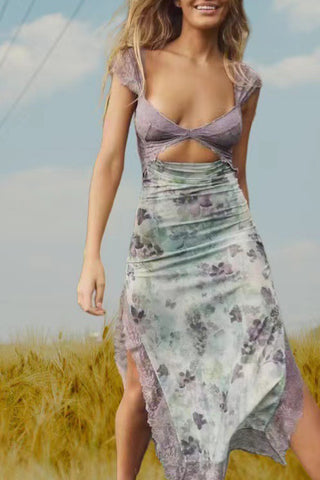 Cut-Out Floral Dress with Lace Trim