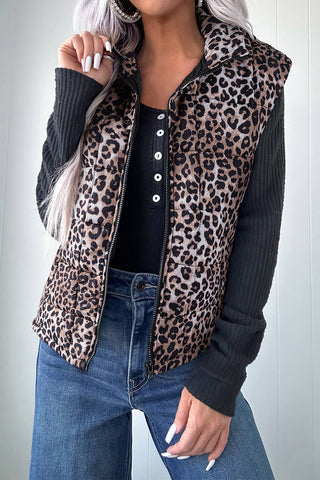 Leopard Quilted Full-Zip Casual Puff Vest