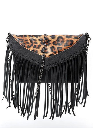 Fringe and Chain Leopard Accent Clutch