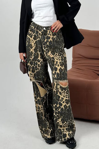 Distressed Leopard Print Casual Pants