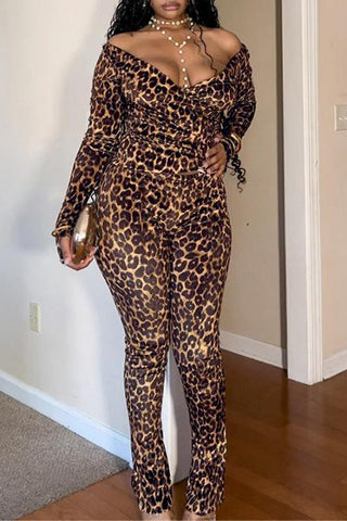 Off-Shoulder Leopard Print Pants Sets