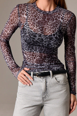 Animal Print Sheer Long Sleeve Blouse