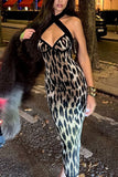 Halterneck Animal Print Evening Dress