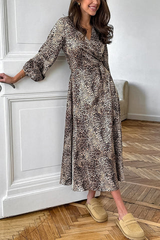 Wrap-Front Leopard Print Midi Dress