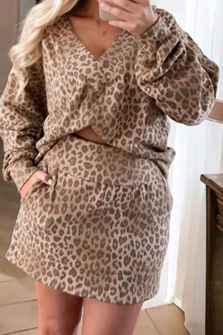 Leopard Print V-Neck Pullover & Skirt Set