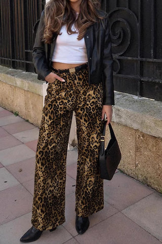 Leopard Print Wide-Leg Casual Pants