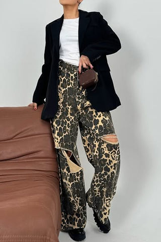 Distressed Leopard Print Casual Pants