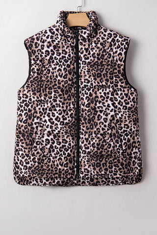 Leopard Quilted Full-Zip Casual Puff Vest