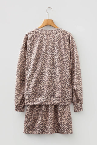 Leopard Print V-Neck Pullover & Skirt Set