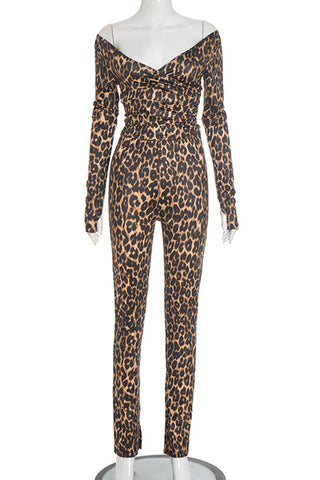 Off-Shoulder Leopard Print Pants Sets