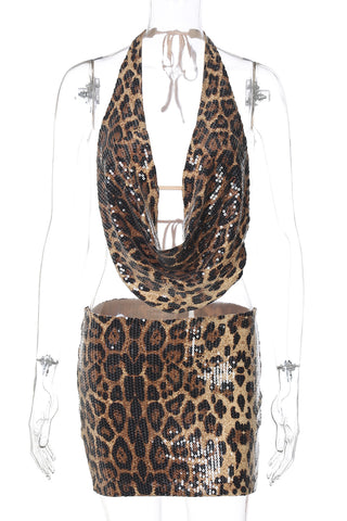 Leopard Print Sequin Skirt Set