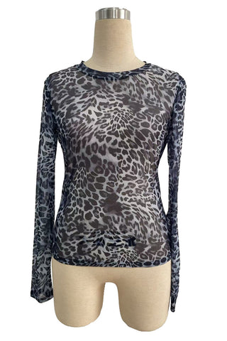 Animal Print Sheer Long Sleeve Blouse