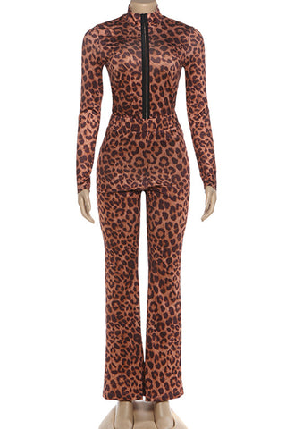 Zip-Front Leopard Print Pants Set