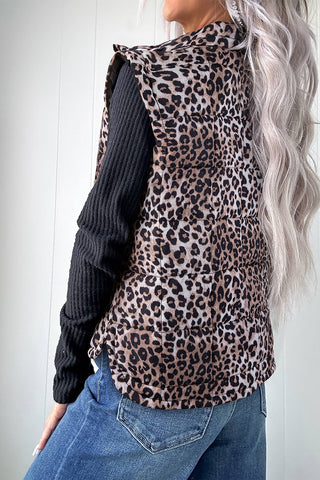 Leopard Quilted Full-Zip Casual Puff Vest