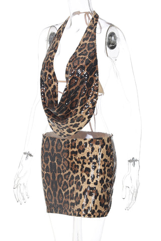 Leopard Print Sequin Skirt Set