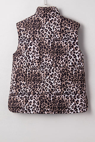 Leopard Quilted Full-Zip Casual Puff Vest