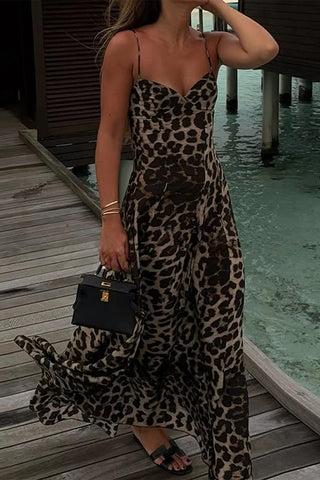Leopard Print Spaghetti Strap Maxi Dress