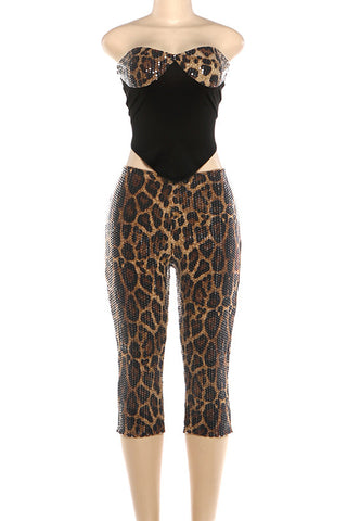 Strapless Leopard Print Cropped Pants Set
