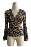 Lace-Trimmed Leopard Print V-Neck Top